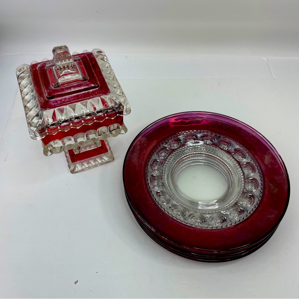 Vintage Westmoreland Footed Lidded Wedding Candy Dish Jar Ruby Red  5 Plates